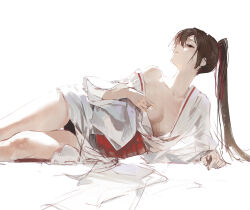 Rule 34 | 1girl, breasts, brown hair, cleavage, collarbone, dino (dinoartforame), hair between eyes, high ponytail, highres, japanese clothes, jigokuraku, kimono, long hair, looking up, lying, medium breasts, obi, on side, open clothes, open kimono, pale skin, partially undressed, red ribbon, red sash, ribbon, sash, shade, simple background, single bare shoulder, solo, thighs, white background, white kimono, yamada asaemon sagiri