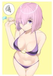 Rule 34 | 1girl, alternate costume, arm behind back, bad id, bad twitter id, bare shoulders, bikini, breasts, closed mouth, cowboy shot, fate/grand order, fate (series), food, foreshortening, from above, glint, hair over one eye, halterneck, highres, mash kyrielight, medium breasts, navel, o-ring, o-ring bikini, o-ring top, pink hair, popsicle, purple bikini, purple eyes, short hair, simple background, solo, speech bubble, string bikini, striped bikini, striped clothes, suzuharu toufu, swimsuit, thigh gap, yellow background