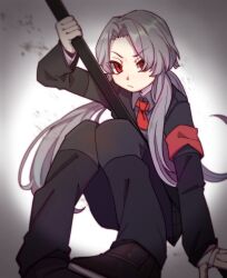 Rule 34 | 1girl, armband, black footwear, black jacket, black pants, chinese commentary, closed mouth, collared shirt, commentary request, employee (project moon), grey hair, grey shirt, highres, jacket, lobotomy corporation, long hair, long sleeves, necktie, pants, project moon, red armband, red eyes, red necktie, shirt, sitting, solo, tesna, twintails