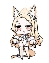 Rule 34 | 1girl, adapted costume, animal ear fluff, animal ears, bare shoulders, blonde hair, blue archive, blush, chan co, detached sleeves, extra ears, fox ears, fox tail, full body, halo, long hair, parted lips, seia (blue archive), simple background, sleeves past fingers, sleeves past wrists, solo, striped clothes, striped thighhighs, tail, thighhighs, vertical-striped clothes, vertical-striped thighhighs, white background, wide sleeves, yellow eyes, yellow halo