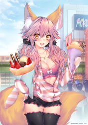 Rule 34 | 10s, 1girl, animal ears, artist name, black skirt, black thighhighs, blush, bra, breasts, building, chocolate, city, cleavage, cloud, collarbone, cowboy shot, crepe, day, fate/extra, fate/extra ccc, fate (series), food, fox ears, fox tail, frills, fruit, hair between eyes, hair flaps, highres, ice cream, jacket, jewelry, large breasts, long hair, long sleeves, looking at viewer, necklace, obiwan, official alternate costume, open clothes, open jacket, open mouth, orange eyes, outdoors, pink hair, pink jacket, revision, short shorts, shorts, skirt, sky, solo, solo focus, strawberry, striped clothes, striped jacket, tail, tamamo (fate), tamamo no mae (fate/extra), tamamo no mae (spring casual) (fate), thighhighs, thighs, twitter username, underwear, wafer stick, white bra
