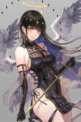 Rule 34 | + +, 1girl, angel wings, bad id, bad pixiv id, bare shoulders, black dress, black gloves, black hair, breasts, cleavage, colored inner hair, cowboy shot, dress, earrings, elbow gloves, feathered wings, glint, gloves, grin, halo, highres, holding, hoop earrings, jewelry, kim eb, large breasts, long hair, looking at viewer, multicolored hair, no panties, original, pelvic curtain, see-through, see-through cleavage, side-tie dress, sideless outfit, sleeveless, sleeveless dress, smile, solo, standing, thighs, very long hair, wing collar, wings, yellow eyes