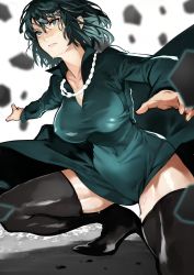 Rule 34 | 1girl, absurdres, black footwear, breasts, clothes lift, commentary request, debris, dress, fighting stance, fubuki (one-punch man), green dress, green eyes, green hair, high collar, highres, jewelry, large breasts, necklace, one-punch man, pink lips, short hair, skirt, skirt lift, squatting, sweat, taut clothes, taut dress, thighs, yoshio (55level)