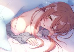 Rule 34 | 1girl, ;o, bed sheet, blanket, breasts, covered erect nipples, idolmaster, idolmaster shiny colors, indoors, jacket, large breasts, looking at viewer, lying, on side, one eye closed, osaki tenka, pink tank top, red hair, sleepy, sleeves past wrists, solo, strap slip, sweater jacket, tank top, toujou masateru, waking up