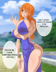 Rule 34 | 1girl, alternate costume, bare arms, bare shoulders, blush, breasts, breasts squeezed together, cleavage, curvy, dress, highres, huge breasts, karuro-kun, large breasts, long dress, long hair, looking at viewer, nami (one piece), nami (one piece) (post-timeskip), nami (one piece) (zou), official alternate costume, ok sign, one piece, orange hair, revealing clothes, short dress, smile, solo, tattoo, thick thighs, thighs, very long hair, wide hips
