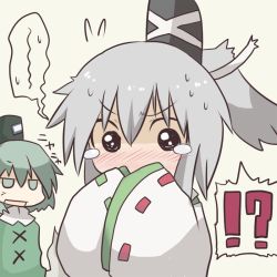 Rule 34 | !?, 2girls, bad id, bad pixiv id, blush, covering face, covering own mouth, covering privates, dress, female focus, green dress, green eyes, green hair, grey hair, hat, himegi, japanese clothes, jitome, kariginu, mononobe no futo, multiple girls, ponytail, simple background, soga no tojiko, surprised, tate eboshi, tears, touhou, translation request, white background