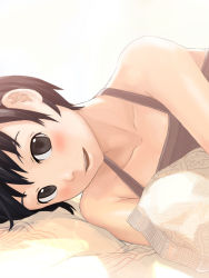 Rule 34 | 1girl, :d, bare shoulders, blush, breasts, brown eyes, brown hair, camisole, collarbone, looking at viewer, lying, on side, open mouth, original, pillow, short hair, simple background, smile, solo, teikoku shounen, white background