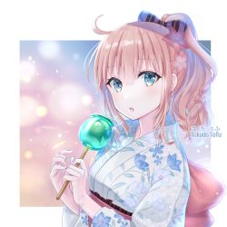 Rule 34 | 1girl, ahoge, artist name, blush, bow, breasts, brown hair, candy apple, character request, commentary request, floral print, flower, food, green eyes, hair between eyes, hair bow, hair flower, hair ornament, hakuda tofu, hands up, high ponytail, highres, holding, holding food, iriam, japanese clothes, kimono, long hair, nail polish, obi, parted lips, pink nails, ponytail, print kimono, purple bow, red flower, sash, small breasts, solo, striped, striped bow, upper body, vertical stripes, virtual youtuber, white kimono, yukata
