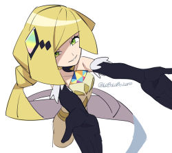 Rule 34 | 1girl, bare shoulders, black gloves, blonde hair, collarbone, commentary request, creatures (company), dress, elbow gloves, eyelashes, from above, game freak, gloves, green eyes, hair ornament, long hair, looking at viewer, looking up, lusamine (pokemon), lusamine (sygna suit) (pokemon), momoji (lobolobo2010), nintendo, official alternate costume, parted lips, pokemon, pokemon masters ex, simple background, smile, solo, twitter username, very long hair, white background, yellow dress