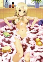 Rule 34 | 1girl, absurdres, back scrubber, bath, bathing, bathtub, blonde hair, breasts, brown eyes, brush, highres, koutaro, long hair, navel, nipples, non-web source, nude, rubber duck, smile, solo, yellow eyes