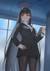 1girl absurdres black_hair black_pantyhose blazer blue_archive dscreation_(alan_dwi29) halo hand_on_own_hip highres jacket long_hair looking_at_viewer pantyhose pleated_skirt red_eyes ringed_eyes rio_(blue_archive) skirt solo sweater tablet_pc turtleneck turtleneck_sweater very_long_hair watch white_sweater wristwatch