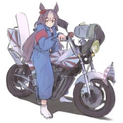 Rule 34 | 1girl, animal ears, balladeluce, black tube top, blue jumpsuit, bousouzoku, brown eyes, brown hair, collarbone, delinquent, flag, frown, grey hair, hair between eyes, highres, horse ears, horse girl, jumpsuit, long hair, low twintails, motor vehicle, motorcycle, rising sun flag, shadow, sitting, solo, strapless, sunburst, tube top, twintails, umamusume, vehicle focus, very long hair, white background, yamanin zephyr (umamusume)