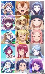 blonde_hair blue_eyes blue_hair blush bread brown_eyes brown_hair closed_eyes collar collarbone dress earrings eating food gionji_yukine glasses hair_ornament hand_up happy hat hiumi_nanoka itou_momiji jewelry karabayashi_aoba karabayashi_itoha kurogane_ren long_hair multiple_girls nabatame_haru naekawa_yawara official_art one_eye_closed open_mouth pink_eyes purple_eyes purple_hair red_eyes seibu_rio shine_post shirt short_hair smile surprised tamaki_kyouka yellow_eyes