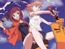 Rule 34 | 00s, 2girls, animal, bird, breasts, camera, cloud, crotch, denim, driving, flcl, flying hair, gainax, haruhara haruko, highres, holding, jacket, looking sideways, motor vehicle, multiple girls, one-piece swimsuit, open mouth, pink hair, purple eyes, purple hair, salmon pink hair, samejima mamimi, scooter, seagull, short hair, shorts, sitting, sky, sleeves rolled up, smile, strap, swimsuit, teeth, vector trace, vehicle, vespa, yellow eyes