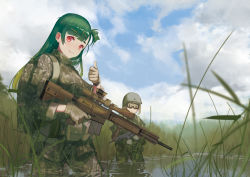 Rule 34 | 2girls, absurdres, alternate costume, blush, breasts, closed mouth, day, g28 (girls&#039; frontline), girls&#039; frontline, green hair, gun, h&amp;k g28, hair ornament, hat, highres, holding, holding gun, holding weapon, in water, long hair, military, military hat, military uniform, multiple girls, no headwear, outdoors, red eyes, smile, soldier, thumbs up, uniform, wading, wan&#039;eno, weapon