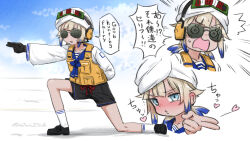 Rule 34 | 1boy, ^^^, black footwear, black shorts, blowing kiss, blue eyes, blue hair, blue sky, blush, brown hair, cloud, cloudy sky, collared shirt, commentary request, danger, day, emphasis lines, english text, fate/grand order, fate (series), highres, loafers, male focus, marine nemo (fate), multicolored hair, multiple views, nemo (fate), neon-tetora, nose blush, on one knee, shirt, shoes, shorts, sky, socks, sunglasses, translation request, turban, two-tone hair, white headwear, white shirt, white socks