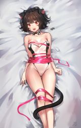 Rule 34 | 1girl, absurdres, animal ears, bad id, bad pixiv id, bare arms, bare legs, bare shoulders, bdsm, black leotard, blade &amp; soul, blush, bondage, bound, bow, bowtie, breasts, brown hair, cat ears, cat tail, cleavage, clenched hand, collarbone, detached collar, feet out of frame, full body, highres, leotard, looking at viewer, lying, lyn (blade &amp; soul), mole, mole under eye, no bra, on back, open mouth, pink ribbon, pussy, red eyes, ribbon, see-through, short hair, signature, solo, tail, teeth, tjauddla, two-tone leotard, white leotard