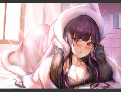 Rule 34 | 1girl, black sweater, blush, bra, breasts, casual, cleavage, day, girls&#039; frontline, himonoata, indoors, large breasts, letterboxed, long hair, looking at viewer, on bed, open mouth, purple bra, purple hair, red eyes, solo, sweater, under covers, underwear, wa2000 (girls&#039; frontline)