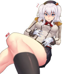 Rule 34 | 10s, 1girl, ^^^, artist name, bad id, bad pixiv id, beret, black skirt, black socks, blue eyes, breasts, epaulettes, foreshortening, frilled sleeves, frills, gloves, hat, highres, jjune, kantai collection, kashima (kancolle), kerchief, long sleeves, looking at viewer, medium breasts, military, military uniform, parted lips, silver hair, skirt, socks, solo, twintails, uniform, white background, white gloves