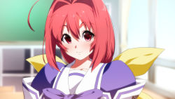 Rule 34 | 1girl, ahoge, blurry, blurry background, blush, bow, classroom, closed mouth, hair intakes, hakuryou high school uniform, indoors, kagami sumika, large bow, light smile, long hair, looking at viewer, muv-luv, red eyes, red hair, rom (20), school uniform, smile, solo, upper body