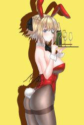 Rule 34 | 1girl, alternate costume, ass, bingdian lihua, blonde hair, blue eyes, bottle, braid, breasts, brown pantyhose, bustier, champagne flute, cowboy shot, cup, drinking glass, drop shadow, eyepatch, finger to mouth, french braid, from side, hair ribbon, highres, large breasts, leotard, pantyhose, playboy bunny, prince of wales (warship girls r), ribbon, short hair with long locks, shushing, simple background, solo, thighband pantyhose, thighs, tray, warship girls r, wine bottle, wrist cuffs, yellow background