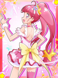 Rule 34 | 1girl, :d, ahoge, asymmetrical legwear, back, back bow, backless outfit, bare shoulders, blunt bangs, blush, bow, choker, cure star, dress, earrings, female focus, from behind, hair ornament, hand on own hip, hand up, hanzou, happy, highres, hoop earrings, hoshina hikaru, index finger raised, jewelry, long hair, looking at viewer, looking back, magical girl, miniskirt, neck, off-shoulder dress, off shoulder, open mouth, pink choker, pink dress, pink eyes, pink hair, pink thighhighs, precure, shadow, shoulder blades, single thighhigh, skirt, smile, solo, standing, star (symbol), star hair ornament, star twinkle precure, thighhighs, twintails, uneven legwear, very long hair, wrist cuffs, yellow bow
