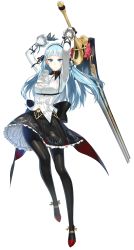 Rule 34 | 1girl, absurdres, arms up, black gloves, black pantyhose, blue eyes, blue hair, closers, dress, full body, furrowed brow, gloves, hairband, highres, holding, holding sword, holding weapon, huge weapon, long hair, long sleeves, looking at viewer, official art, pantyhose, serious, simple background, solo, sword, transparent background, violet (closers), weapon