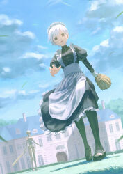 Rule 34 | 1girl, absurdres, apron, baseball glove, black dress, black footwear, black pantyhose, brown eyes, cloud, dress, dutch angle, frilled apron, frilled dress, frills, full body, grass, highres, looking at viewer, maid, maid headdress, mansion, open mouth, original, outdoors, pantyhose, robot, sky, solo, tokaki, white apron, white hair