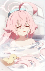 Rule 34 | 1girl, absurdres, ahoge, artist name, bathroom, bathtub, blue archive, closed eyes, halo, highres, hoshino (blue archive), liyom, long hair, partially submerged, pink hair, rubber duck, towel, towel on head, water, wet