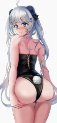 Rule 34 | 1girl, artist request, ass, ass grab, azur lane, bare shoulders, blue eyes, blush, bun cover, deep skin, double bun, embarrassed, from behind, futasan, hair bun, hair ornament, hairclip, halsey powell (azur lane), leotard, long hair, looking at viewer, looking back, playboy bunny, rabbit tail, shiny clothes, shiny skin, silver hair, solo, tail, twintails, very long hair