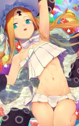 Rule 34 | 1girl, abigail williams (fate), abigail williams (swimsuit foreigner) (fate), abigail williams (swimsuit foreigner) (third ascension) (fate), absurdres, arm up, armpits, bare shoulders, bikini, black jacket, blonde hair, blue eyes, bonnet, bow, breasts, fate/grand order, fate (series), forehead, hair bow, highres, innertube, jacket, keyhole, long hair, miniskirt, nanao (aoyamahikari), navel, open mouth, parted bangs, shore, sidelocks, skirt, small breasts, solo, swim ring, swimsuit, tentacles, twintails, very long hair, water, white bikini, white bow, white headwear