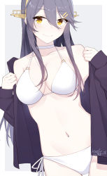 Rule 34 | 1girl, alternate costume, bikini, black sweater, breasts, cardigan, cleavage, grey hair, hair ornament, hairclip, haruna (kancolle), headgear, highres, ieufg, kantai collection, large breasts, long hair, midriff, navel, open cardigan, open clothes, signature, simple background, smile, solo, sweater, swimsuit, white background, white bikini, yellow eyes