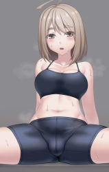 Rule 34 | 1girl, :o, ahoge, arm support, bare shoulders, bike shorts, black shorts, black sports bra, blush, breasts, brown eyes, brown hair, chado maki, cleavage, collarbone, grey background, large breasts, leaning back, looking back, myouan, navel, open mouth, original, short hair, shorts, simple background, sitting, solo, sports bra, spread legs, steaming body, stomach, sweat, thick eyebrows
