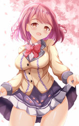 Rule 34 | 1girl, :d, black skirt, blush, bow, braid, breasts, brown eyes, brown jacket, collared shirt, commentary request, diagonal-striped bow, dress shirt, highres, hoshizaki akari, jacket, looking at viewer, medium breasts, ongeki, open mouth, petals, pink hair, red bow, school uniform, shirt, skirt, skirt basket, skirt hold, smile, solo, twin braids, white shirt, xenon (for achieve)