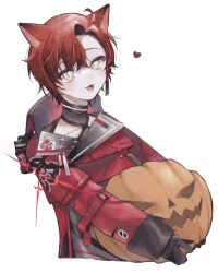 Rule 34 | 1boy, absurdres, animal ears, cat boy, cat ears, collarbone, fangs, food, gloves, green eyes, hair between eyes, heart, high collar, highres, holding, holding food, holding pumpkin, holding vegetable, holostars, holostars english, jacket, looking at viewer, machina x flayon, male focus, open mouth, pumpkin, red hair, red jacket, ria (rian 0210), short hair, side part, slit pupils, smile, solo, vegetable, virtual youtuber, white background