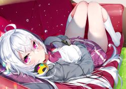 Rule 34 | 1girl, ahoge, blush, bow, breasts, cellphone, closed mouth, collared shirt, commentary request, couch, dress shirt, grey jacket, hair between eyes, headphones, headphones around neck, highres, holding, holding phone, indoors, jacket, kamioka shun&#039;ya, knees together feet apart, knees up, long hair, long sleeves, looking at viewer, looking back, lying, medium breasts, no shoes, on back, on couch, open clothes, open jacket, original, phone, pleated skirt, purple bow, purple eyes, purple skirt, shiori (kamioka shun&#039;ya), shirt, skirt, sleeves past wrists, socks, solo, very long hair, white hair, white shirt, white socks