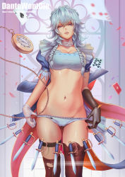 Rule 34 | 1girl, asymmetrical gloves, black gloves, blue bra, blue panties, bra, braid, breasts, card, cleavage, commentary request, cowboy shot, curly hair, dantewontdie, diamond (shape), gloves, half-closed eyes, izayoi sakuya, knife, large breasts, looking at viewer, maid headdress, navel, panties, panty pull, parted lips, playing card, pocket watch, puffy short sleeves, puffy sleeves, purple eyes, short sleeves, silver hair, solo, spade (shape), standing, stomach, thigh strap, thighhighs, touhou, twin braids, underwear, uneven gloves, watch, watermark, white gloves