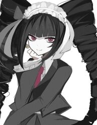 Rule 34 | 1girl, anjeu (uuci925), black hair, blunt bangs, celestia ludenberg, center frills, danganronpa: trigger happy havoc, danganronpa (series), drill hair, earrings, frills, gothic lolita, hand up, jacket, jewelry, lolita fashion, long hair, long sleeves, looking at viewer, necktie, pale skin, red eyes, red necktie, revision, shirt, simple background, smile, solo, twin drills, twintails, white background, white shirt