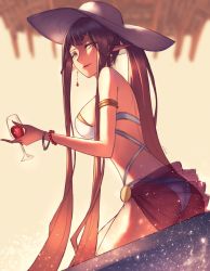Rule 34 | 1girl, alcohol, ark ford, armlet, bikini, black hair, bracelet, cup, drinking glass, earrings, fate/grand order, fate (series), hat, highres, holding, holding cup, jewelry, long hair, looking at viewer, looking back, pointy ears, sarong, see-through, semiramis (fate), solo, splashing, sun hat, swimsuit, very long hair, water, white bikini, white hat, wine, wine glass, yellow eyes