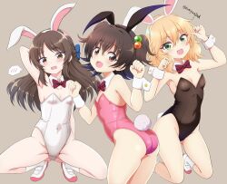 Rule 34 | 3girls, akagi miria, animal ears, arm behind back, arm behind head, armpits, ass, black leotard, blonde hair, blue bow, bow, bowtie, breasts, brown background, brown eyes, brown hair, cleavage, clenched hands, commentary request, covered navel, cowboy shot, detached collar, embarrassed, fake animal ears, fake tail, flat chest, full body, green eyes, groin, hair between eyes, hair bobbles, hair bow, hair ornament, hands up, highleg, highleg leotard, highres, idolmaster, idolmaster cinderella girls, idolmaster cinderella girls u149, kneeling, legs, leotard, light blush, long hair, looking at viewer, medium hair, multiple girls, open mouth, pink leotard, playboy bunny, rabbit ears, rabbit tail, red bow, red bowtie, sakurai momoka, shoes, short hair, short twintails, sidelocks, small breasts, smile, socks, spoken blush, squatting, tachibana arisu, tail, tamayan, teeth, thighs, twintails, twitter username, upper teeth only, uwabaki, wavy hair, wavy mouth, white footwear, white leotard, white socks, wrist cuffs