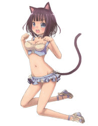Rule 34 | 1girl, animal ears, bad id, bad pixiv id, bikini, black hair, blue eyes, bow, breasts, cat ears, cat tail, choker, cleavage, fang, frills, full body, groin, high heel sandals, high heels, miyamae porin, navel, open mouth, open shoes, original, paw pose, sandals, shoes, short hair, side-tie bikini bottom, simple background, solo, swimsuit, tail, wedge heels, white background