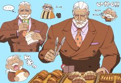 Rule 34 | 1boy, animal, bara, beard, black cat, blue background, blue eyes, bread bun, business suit, cat, chibi, chibi inset, dark-skinned male, dark skin, drinking, eating, facial hair, food, formal, glasses, handkerchief, highres, holding, holding food, jp (street fighter), juice box, large pectorals, long hair, male focus, mature male, muscular, muscular male, mustache, necktie, old, old man, pastry, pectorals, ponytail, rectangular eyewear, sa1k0p, solo, speech bubble, street fighter, street fighter 6, suit, thick eyebrows, thick mustache, translation request, white hair