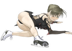 Rule 34 | 1girl, ass, bad id, bad pixiv id, bare shoulders, blush, braid, brown hair, character request, clumsy, fall, figure skating, green eyes, hair bun, highres, ice skates, legs, nakabayashi reimei, one eye closed, single hair bun, skates, solo, tears, thighs, wavy mouth, wince, wink