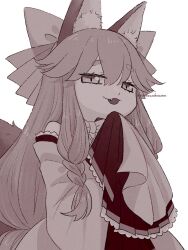 Rule 34 | 1girl, animal ear fluff, animal ears, bow, fang, fate/samurai remnant, fate (series), fox ears, fox girl, fox tail, greyscale, highres, ichikawahonzen, japanese clothes, kimono, looking at viewer, monochrome, open mouth, short eyebrows, simple background, sleeves past fingers, sleeves past wrists, smile, solo, tail, tamamo (fate), tamamo aria (fate), upper body