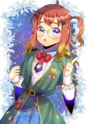 Rule 34 | 1girl, belt, belt buckle, black belt, blonde hair, blue skirt, blush, bow, buckle, center frills, collared shirt, commentary request, commission, frills, glasses, gradient hair, green jacket, hands up, index finger raised, indie virtual youtuber, jacket, kou hiyoyo, layered sleeves, long hair, long sleeves, multicolored hair, nail polish, neki (vtuber), one side up, orange hair, plaid, plaid bow, pleated skirt, purple eyes, red bow, red nails, round eyewear, shirt, short over long sleeves, short sleeves, skeb commission, skirt, solo, thick eyebrows, virtual youtuber, white shirt, wide sleeves