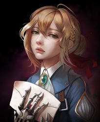 Rule 34 | 10s, 1girl, absurdres, blonde hair, blue eyes, blue jacket, brooch, commentary request, dated, diandianzai, envelope, hair between eyes, highres, jacket, jewelry, lips, long hair, looking at viewer, mechanical arms, nose, portrait, single mechanical arm, solo, upper body, violet evergarden, violet evergarden (series)
