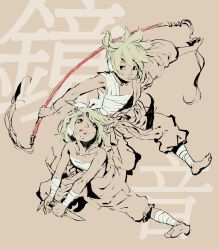 Rule 34 | 1boy, 1girl, action, barefoot, blonde hair, bow, brother and sister, brown theme, couple, dynamic, feet, flat color, frown, gekokujou (vocaloid), headset, hetero, kagamine len, kagamine rin, knife, monochrome, red eyes, sarashi, siblings, spot color, tongue, twins, vocaloid, wafuu kimuchi, weapon