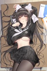 Rule 34 | 1girl, animal ears, arm up, au11, azur lane, black hair, black pantyhose, black sailor collar, black serafuku, black shirt, black skirt, blush, book, bow, breasts, commentary request, desk, from above, hair bow, hairband, highres, large breasts, long hair, long sleeves, looking at viewer, looking up, lying, miniskirt, navel, neckerchief, no bra, on back, on table, pantyhose, parted lips, pleated skirt, sailor collar, school desk, school uniform, serafuku, shirt, skirt, smile, solo, table, takao (school romanza) (azur lane), takao (azur lane), thighband pantyhose, underboob, very long hair, white bow, white hairband, white neckerchief, yellow eyes