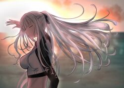 Rule 34 | 1girl, absurdres, ak-12 (age of slushies) (girls&#039; frontline), ak-12 (girls&#039; frontline), arm up, blurry, blurry background, braid, breasts, closed eyes, commentary, french braid, gincho, girls&#039; frontline, hair ribbon, highres, long hair, long sleeves, medium breasts, official alternate costume, one-piece swimsuit, open mouth, parted lips, ponytail, ribbon, sideboob, solo, sunlight, swimsuit, upper body, white hair, white one-piece swimsuit