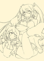 Rule 34 | 2girls, beige background, bottomless, detached sleeves, female masturbation, hair ornament, hair ribbon, hairband, hairclip, hatsune miku, headgear, hermmy, kagamine rin, legs up, long sleeves, looking at viewer, masturbation, monochrome, multiple girls, ribbon, simple background, smile, swept bangs, twintails, vocaloid, yellow background